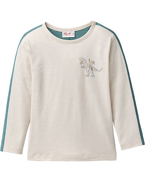 People Wear Organic Maglietta a Maniche Lughe - T-Rex - Beige e Verde Salvia - 100% Cotone Organico - Certificazione GOTS Maglie Manica Lunga