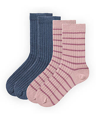 People Wear Organic Pacco da 2 Calzini a Coste - Blu e Righe Rosa - Certificazione GOTS Calzini