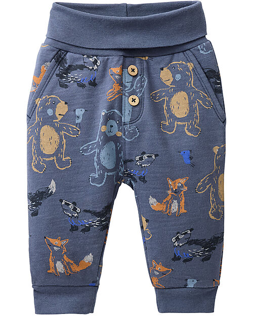 People Wear Organic Pantalone Animali Vita Reversibile - Blu - Cotone GOTS Pantaloni Lunghi