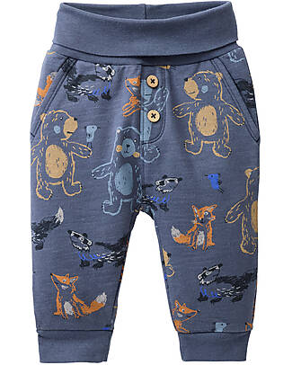 People Wear Organic Pantalone Animali Vita Reversibile - Blu - Cotone GOTS Pantaloni Lunghi