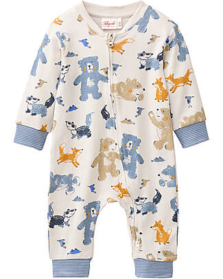 People Wear Organic Tutina a Maniche Lunghe con Zip - Panna Fantasia Animaletti - Cotone GOTS Tutine Lunghe