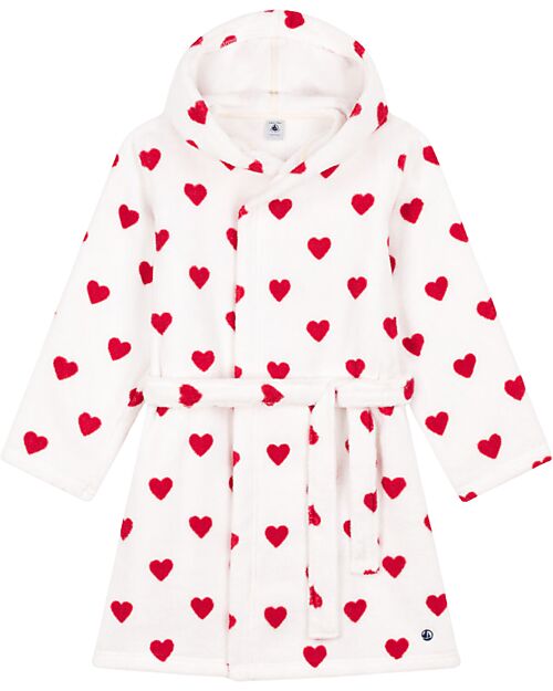 Petit Bateau Accappatoio in Spugna - Bianco - Cuori - 100% Cotone Bio Oeko-Tex - con Cappuccio e Cintura Accappatoi e Asciugamani