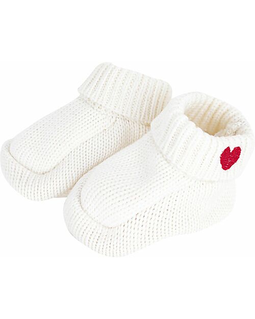 Petit Bateau Babbucce da Neonato Lavorate a Maglia - Bianco - Cuore - 100% Cotone Pantofole