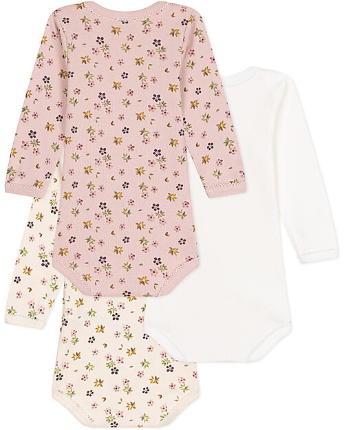 Petit Bateau Body Incrociato Manica Lunga - Pacco da 3 - Beige/Rosa e Bianco - Fiori - 100% Cotone Bio Body Manica Lunga
