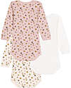 Petit Bateau Body Incrociato Manica Lunga - Pacco da 3 - Beige/Rosa e Bianco - Fiori - 100% Cotone Bio Body Manica Lunga