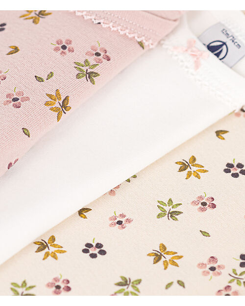 Petit Bateau Body Incrociato Manica Lunga - Pacco da 3 - Beige/Rosa e Bianco - Fiori - 100% Cotone Bio Body Manica Lunga