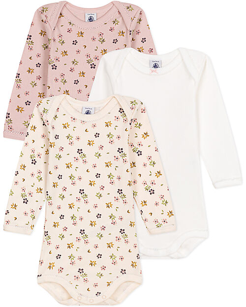 Petit Bateau Body Incrociato Manica Lunga - Pacco da 3 - Beige/Rosa e Bianco - Fiori - 100% Cotone Bio Body Manica Lunga