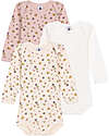 Petit Bateau Body Incrociato Manica Lunga - Pacco da 3 - Beige/Rosa e Bianco - Fiori - 100% Cotone Bio Body Manica Lunga