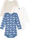 Petit Bateau Body Incrociato Manica Lunga - Pacco da 3 - Bianco Blu e Beige - Balene - 100% Cotone Bio Body Manica Lunga