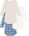 Petit Bateau Body Incrociato Manica Lunga - Pacco da 3 - Bianco Blu e Beige - Balene - 100% Cotone Bio Body Manica Lunga