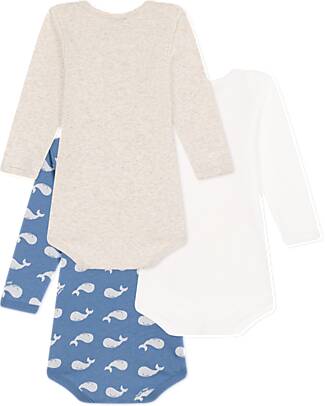 Petit Bateau Body Incrociato Manica Lunga - Pacco da 3 - Bianco Blu e Beige - Balene - 100% Cotone Bio Body Manica Lunga