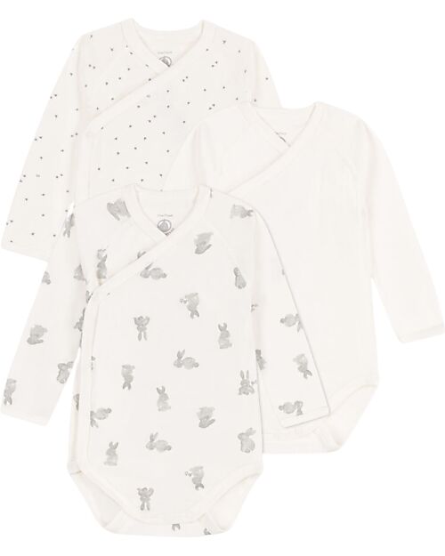 Petit Bateau Body Incrociato Manica Lunga - Pacco da 3 - Bianco - Conigli - 100% Cotone Bio Body Manica Lunga