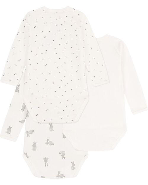 Petit Bateau Body Incrociato Manica Lunga - Pacco da 3 - Bianco - Conigli - 100% Cotone Bio Body Manica Lunga