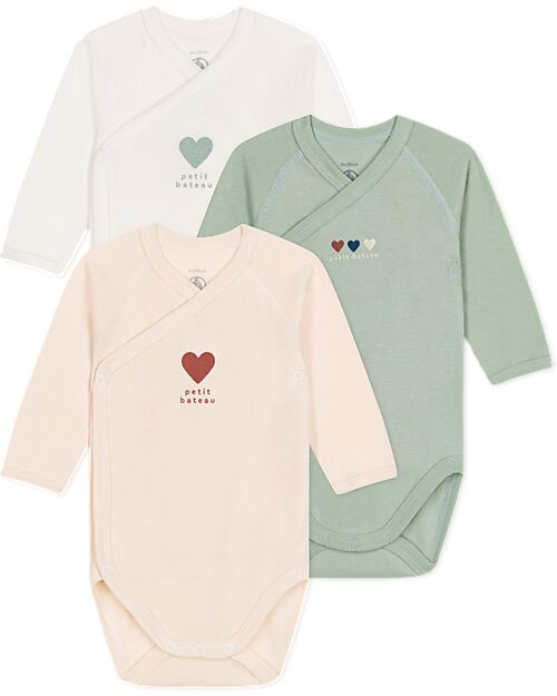 Petit Bateau Body Incrociato Manica Lunga - Pacco da 3 - Bianco/Crema e Verde - 100% Cotone Bio Body Manica Lunga