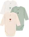 Petit Bateau Body Incrociato Manica Lunga - Pacco da 3 - Bianco/Crema e Verde - 100% Cotone Bio Body Manica Lunga