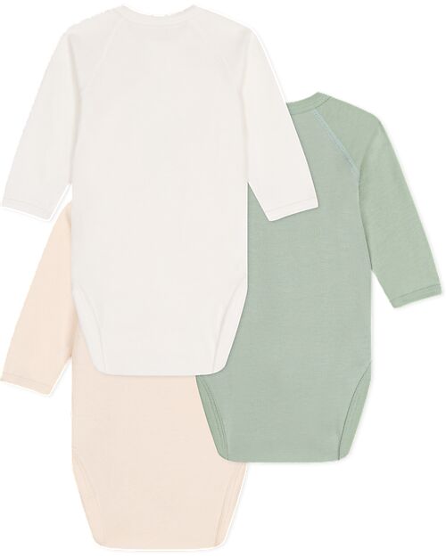 Petit Bateau Body Incrociato Manica Lunga - Pacco da 3 - Bianco/Crema e Verde - 100% Cotone Bio Body Manica Lunga