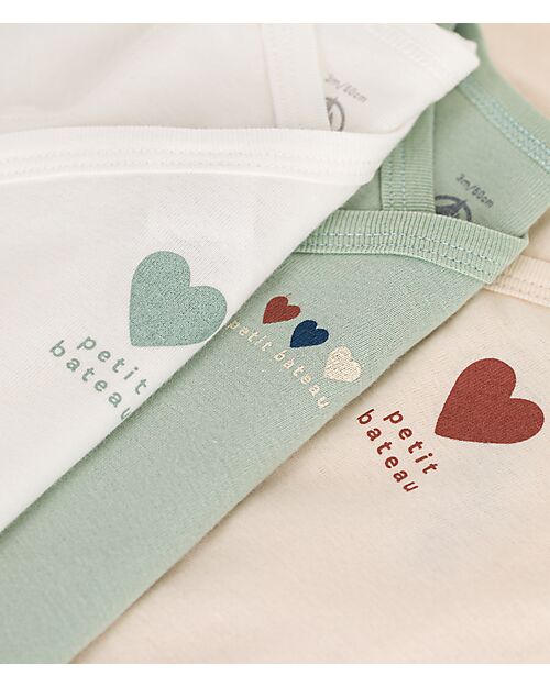 Petit Bateau Body Incrociato Manica Lunga - Pacco da 3 - Bianco/Crema e Verde - 100% Cotone Bio Body Manica Lunga