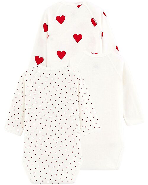 Petit Bateau Body Incrociato Manica Lunga - Pacco da 3 - Bianco - Cuori - 100% Cotone Bio Body Manica Lunga