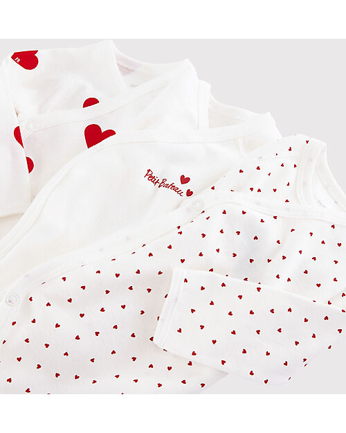 Petit Bateau Body Incrociato Manica Lunga - Pacco da 3 - Bianco - Cuori - 100% Cotone Bio Body Manica Lunga