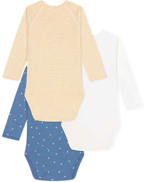 Petit Bateau Body Incrociato Manica Lunga - Pacco da 3 - Bianco/Giallo Crema e Azzurro - 100% Cotone Bio Body Manica Lunga