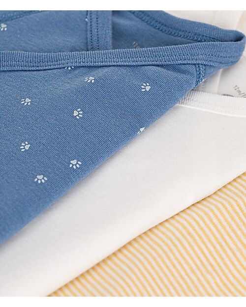 Petit Bateau Body Incrociato Manica Lunga - Pacco da 3 - Bianco/Giallo Crema e Azzurro - 100% Cotone Bio Body Manica Lunga
