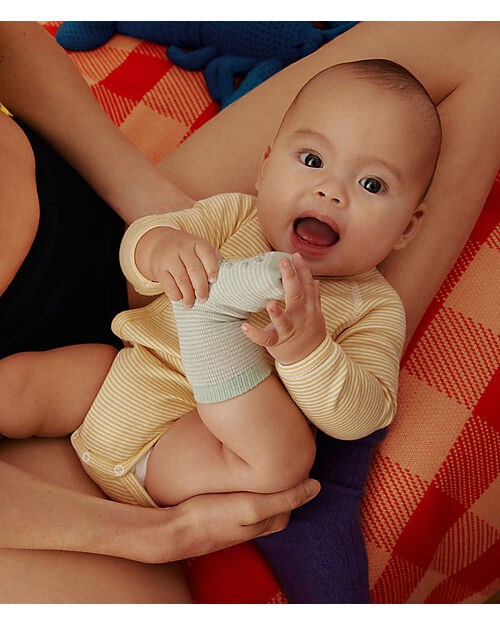 Petit Bateau Body Incrociato Manica Lunga - Pacco da 3 - Bianco/Giallo Crema e Azzurro - 100% Cotone Bio Body Manica Lunga
