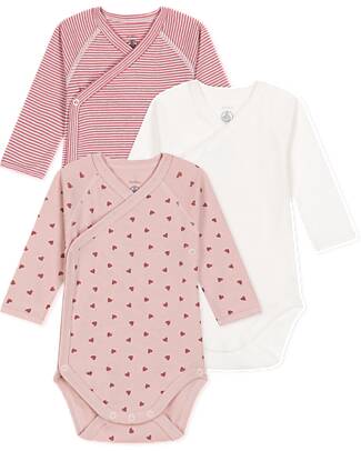 Petit Bateau Body Incrociato Manica Lunga - Pacco da 3 - Rosa e Bianco - Righe e Cuori - 100% Cotone Bio Body Manica Lunga