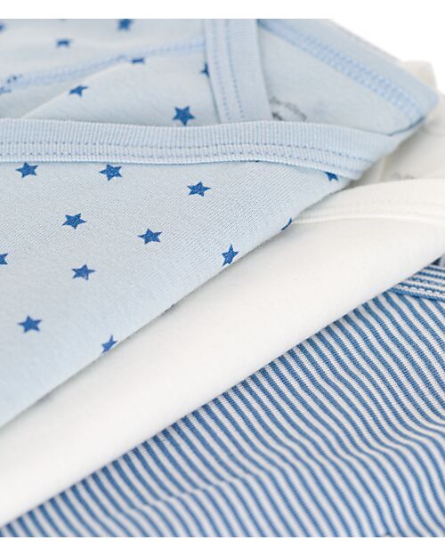 Petit Bateau Body Kimono Manica Corta - Pacco da 3 - Bianco e Azzurro - Stelle e strisce - 100% Cotone Body Manica Corta