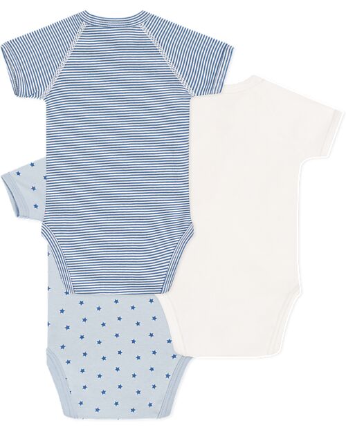 Petit Bateau Body Kimono Manica Corta - Pacco da 3 - Bianco e Azzurro - Stelle e strisce - 100% Cotone Body Manica Corta