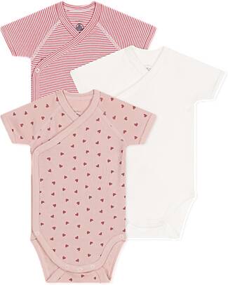 Petit Bateau Body Kimono Manica Corta - Pacco da 3 - Bianco e Rosa - Cuori e Strisce - 100% Cotone Body Manica Corta