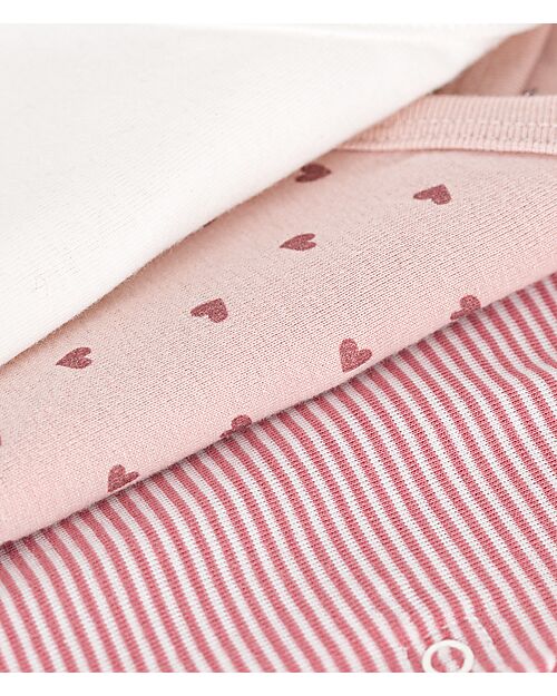 Petit Bateau Body Kimono Manica Corta - Pacco da 3 - Bianco e Rosa - Cuori e Strisce - 100% Cotone Body Manica Corta