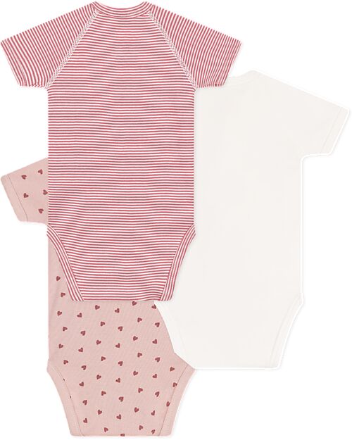 Petit Bateau Body Kimono Manica Corta - Pacco da 3 - Bianco e Rosa - Cuori e Strisce - 100% Cotone Body Manica Corta