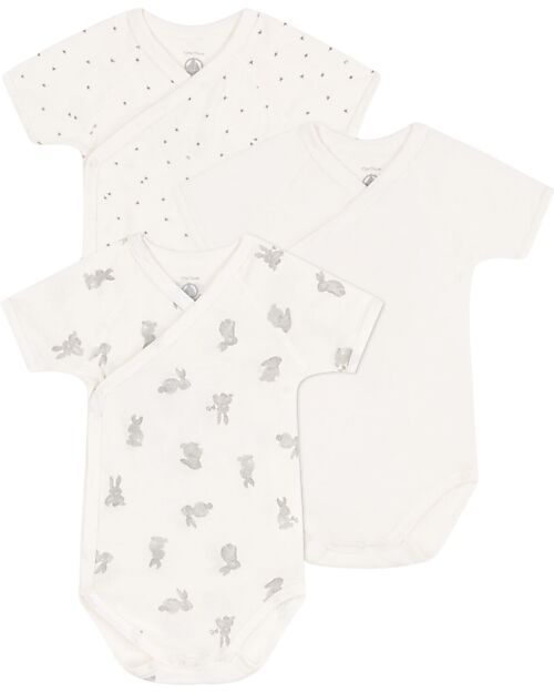 Petit Bateau Body Kimono Manica Corta - Pacco da 3 - Bianco - Stelle/Conigli - 100% Cotone Body Manica Corta