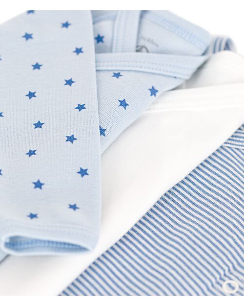 Petit Bateau Body Kimono Manica Lunga - Pacco da 3 - Azzurro e Bianco - Righe e Stelle - 100% Cotone Bio Body Manica Lunga