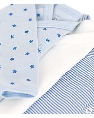 Petit Bateau Body Kimono Manica Lunga - Pacco da 3 - Azzurro e Bianco - Righe e Stelle - 100% Cotone Bio Body Manica Lunga