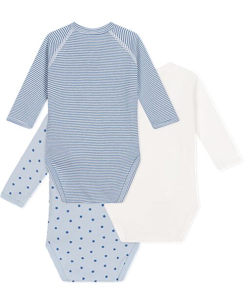 Petit Bateau Body Kimono Manica Lunga - Pacco da 3 - Azzurro e Bianco - Righe e Stelle - 100% Cotone Bio Body Manica Lunga
