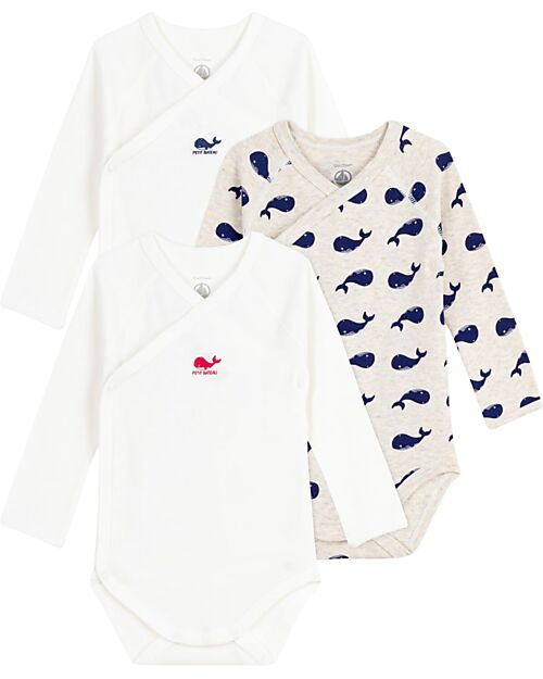 Petit Bateau Body Kimono Manica Lunga - Pacco da 3 - Bianco - Balene - 100% Cotone Bio Body Manica Lunga