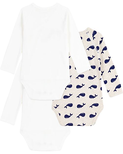 Petit Bateau Body Kimono Manica Lunga - Pacco da 3 - Bianco - Balene - 100% Cotone Bio Body Manica Lunga
