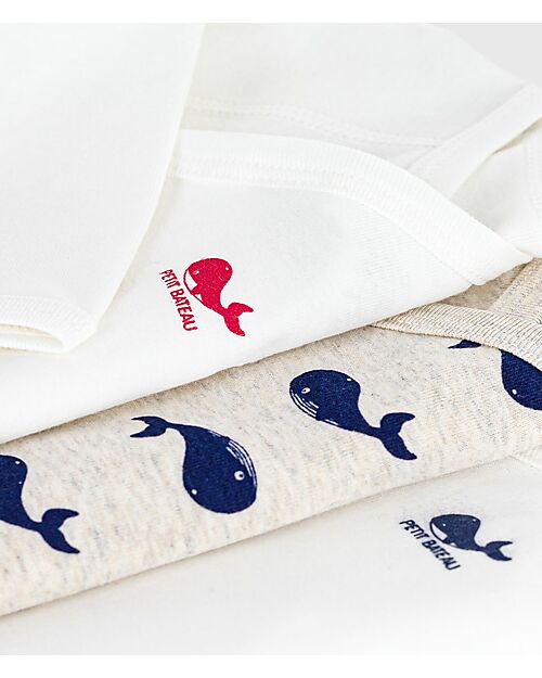 Petit Bateau Body Kimono Manica Lunga - Pacco da 3 - Bianco - Balene - 100% Cotone Bio Body Manica Lunga