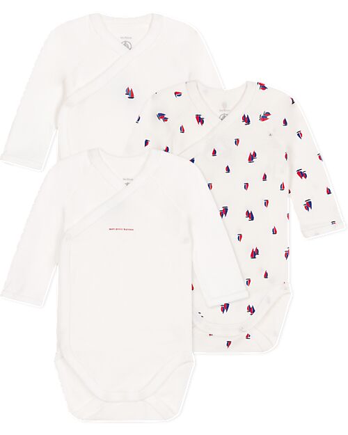 Petit Bateau Body Kimono Manica Lunga - Pacco da 3 - Bianco - Barche a Vela - 100% Cotone Bio Body Manica Lunga