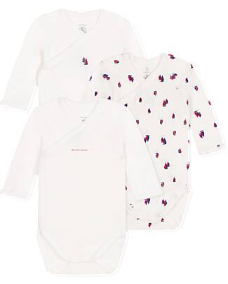 Petit Bateau Body Kimono Manica Lunga - Pacco da 3 - Bianco - Barche a Vela - 100% Cotone Bio Body Manica Lunga