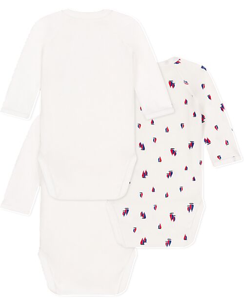 Petit Bateau Body Kimono Manica Lunga - Pacco da 3 - Bianco - Barche a Vela - 100% Cotone Bio Body Manica Lunga