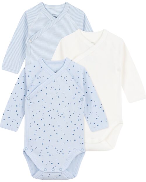 Petit Bateau Body Kimono Manica Lunga - Pacco da 3 - Bianco e Azzurro - Stelle e Righe - 100% Cotone Bio Body Manica Lunga
