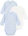 Petit Bateau Body Kimono Manica Lunga - Pacco da 3 - Bianco e Azzurro - Stelle e Righe - 100% Cotone Bio Body Manica Lunga