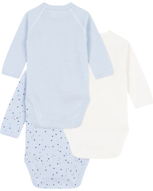 Petit Bateau Body Kimono Manica Lunga - Pacco da 3 - Bianco e Azzurro - Stelle e Righe - 100% Cotone Bio Body Manica Lunga