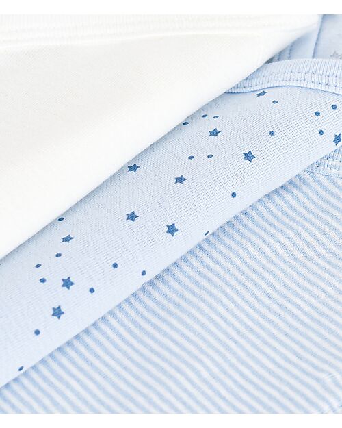 Petit Bateau Body Kimono Manica Lunga - Pacco da 3 - Bianco e Azzurro - Stelle e Righe - 100% Cotone Bio Body Manica Lunga