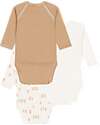 Petit Bateau Body Kimono Manica Lunga - Pacco da 3 - Bianco e Marrone - Righe e Uccellini - 100% Cotone Bio Body Manica Lunga