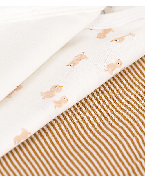 Petit Bateau Body Kimono Manica Lunga - Pacco da 3 - Bianco e Marrone - Righe e Uccellini - 100% Cotone Bio Body Manica Lunga