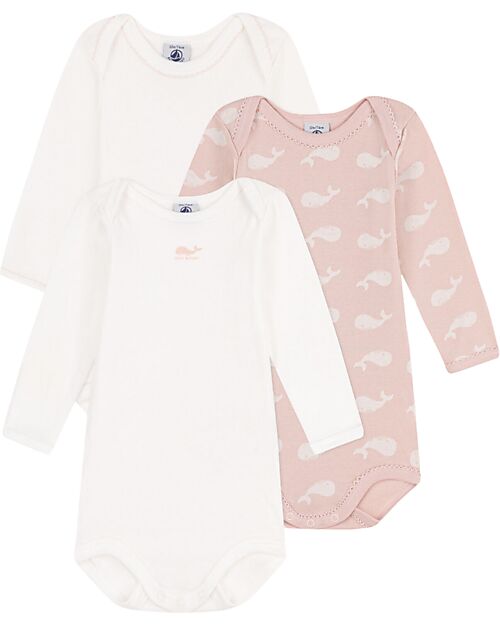 Petit Bateau Body Kimono Manica Lunga - Pacco da 3 - Bianco e Rosa - Balene - 100% Cotone Bio Body Manica Lunga