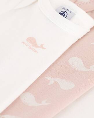 Petit Bateau Body Kimono Manica Lunga - Pacco da 3 - Bianco e Rosa - Balene - 100% Cotone Bio Body Manica Lunga